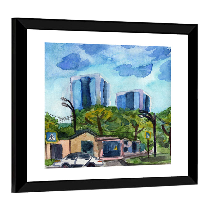 Business Center Sketch Wall Art as a framed print