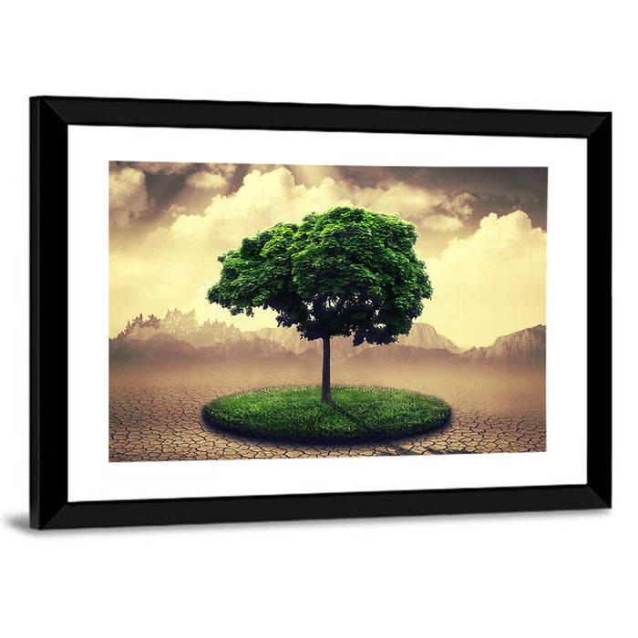 Circular Grass Oasis with Lone Tree Wall Art as a framed print