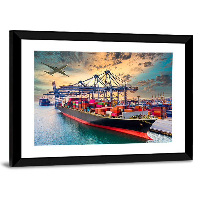 Container Ship in Harbor Wall Art as a framed print