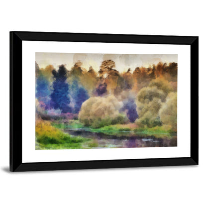 Misty Forest River Watercolor Wall Art