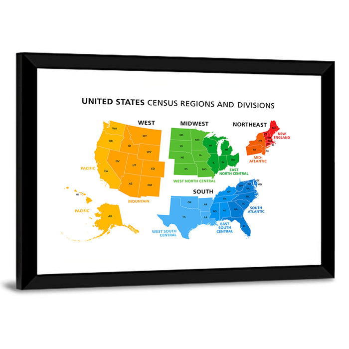 United States Census Regions Map Wall Art as a framed print
