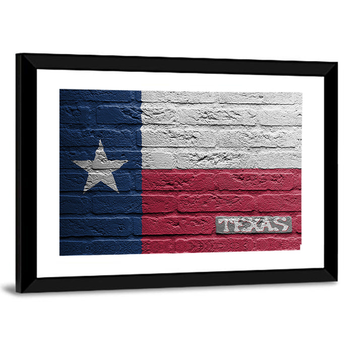 Texas Flag on Weathered Brick Wall Art as a framed print