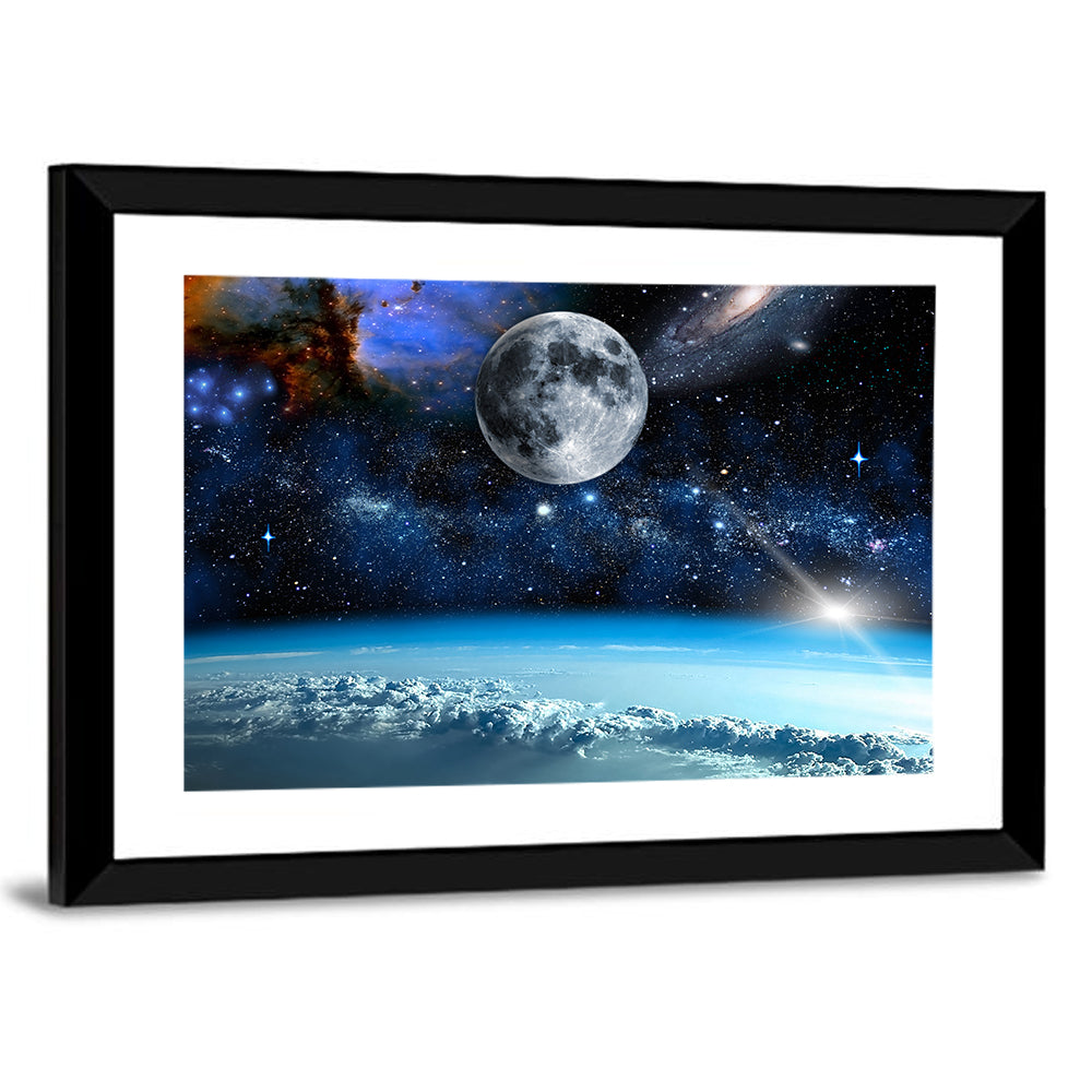 Earth and Moon Over Clouds Wall Art