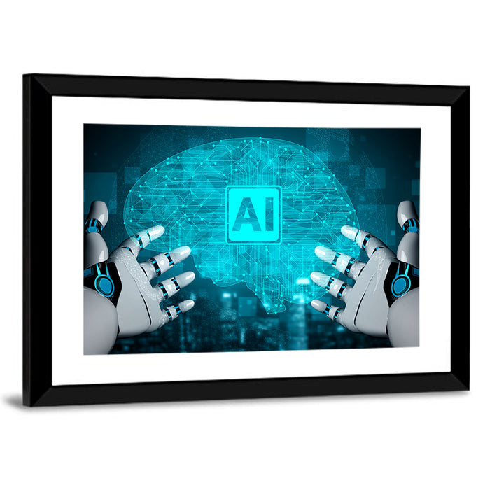 Glowing Ai Brain with Robotic Hands Wall Art as a framed print