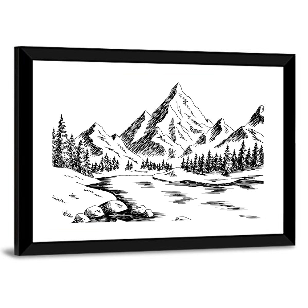 Monochrome Mountain Lake Sketch Wall Art