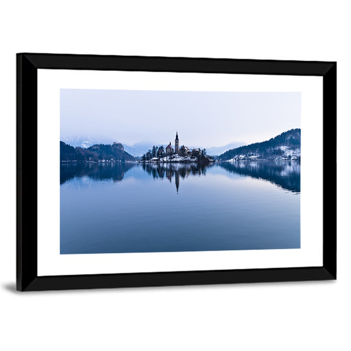 Bled Island Church in Winter Wall Art as a framed print