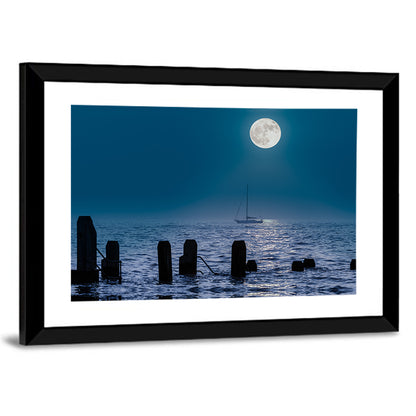 Moonlit Sailboat with Wooden Pylons Wall Art