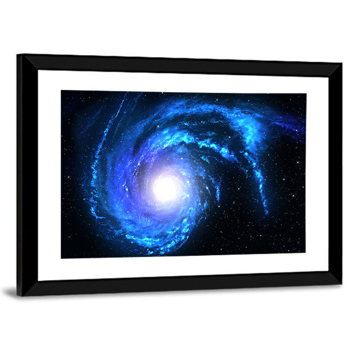 Glowing Blue Spiral Galaxy Wall Art as a framed print