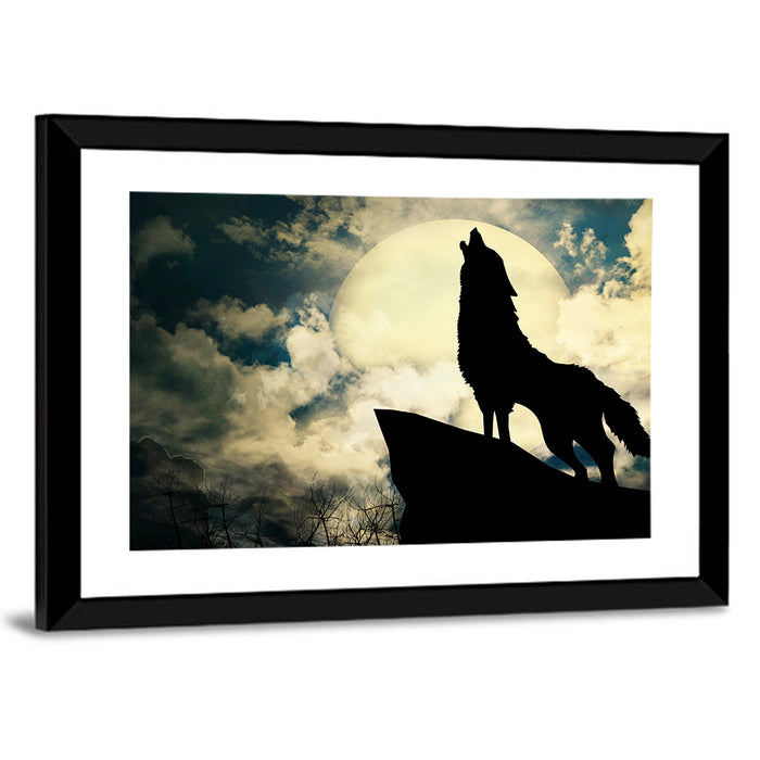 Howling Wolf Silhouette Against Full Moon Wall Art as a framed print