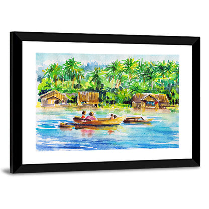Boat in Tropical Village Wall Art