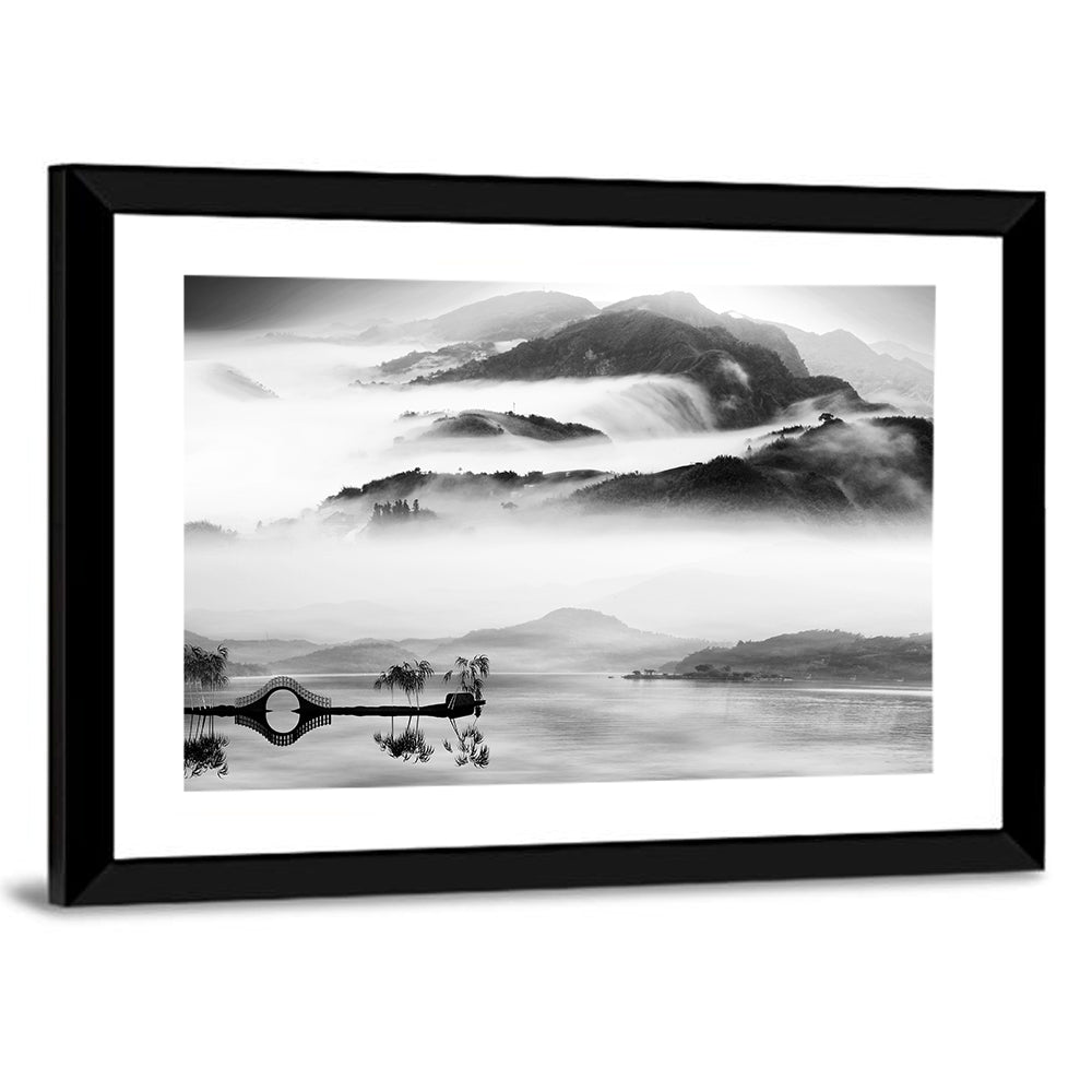 Misty Chinese Lake with Bridge Wall Art