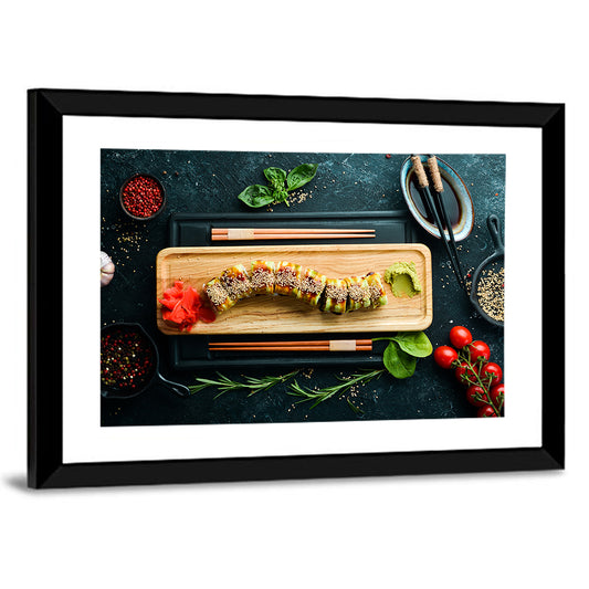 Top-down Sushi Roll with Chopsticks Wall Art