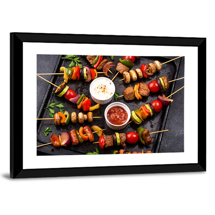 Grilled Meat and Vegetable Kebabs Wall Art as a framed print