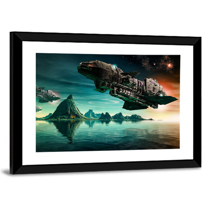 Dusk Battle Spacecraft Over Mountain Lake Wall Art as a framed print