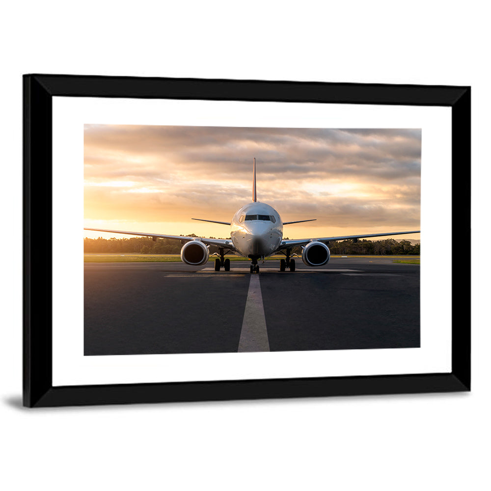 Front Facing Airplane on Runway at Sunset Wall Art