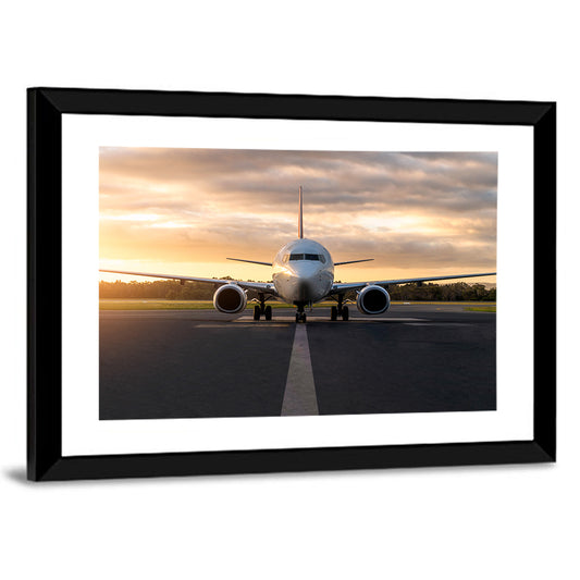 Front Facing Airplane on Runway at Sunset Wall Art