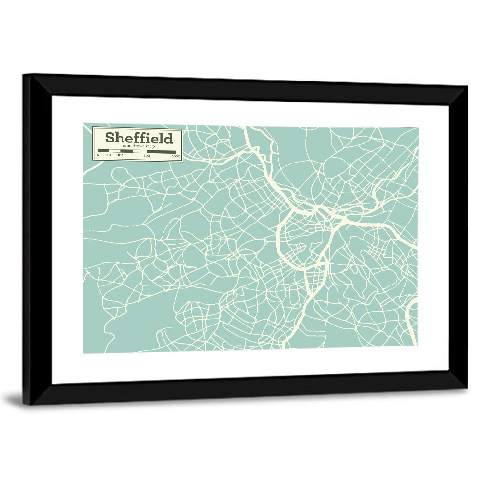 Sheffield City Map, Light Blue Wall Art