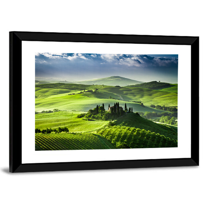 Sunrise Over San Quirico D Orcia Valley Wall Art as a framed print