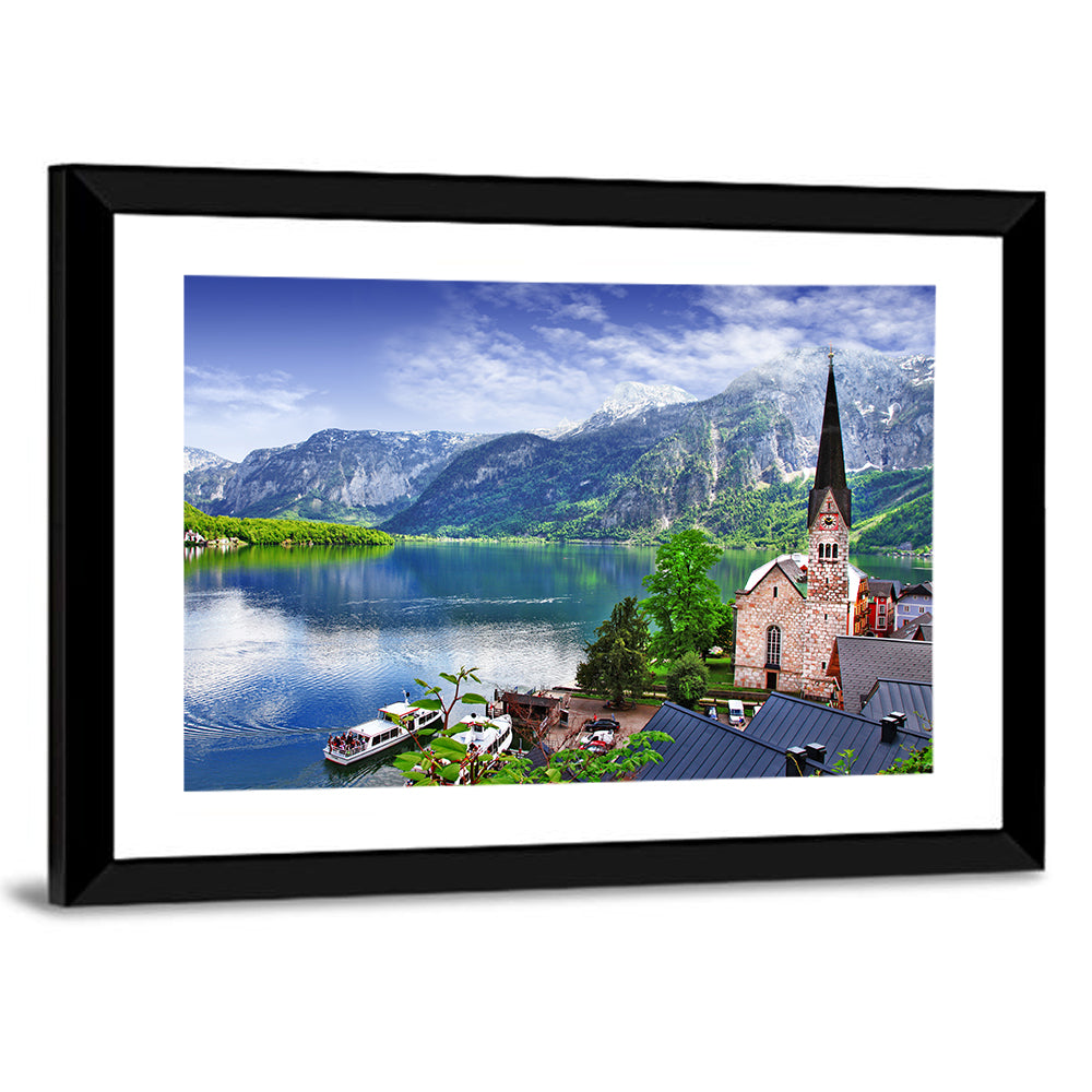 Hallstatt Lake View with Church Tower Wall Art