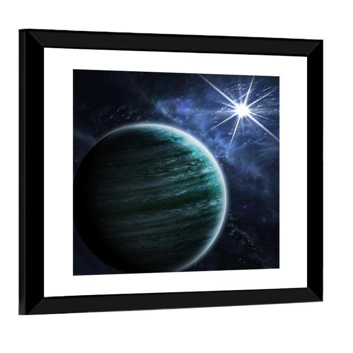 Blue Planet Closeup with Star Flare Wall Art as a framed print