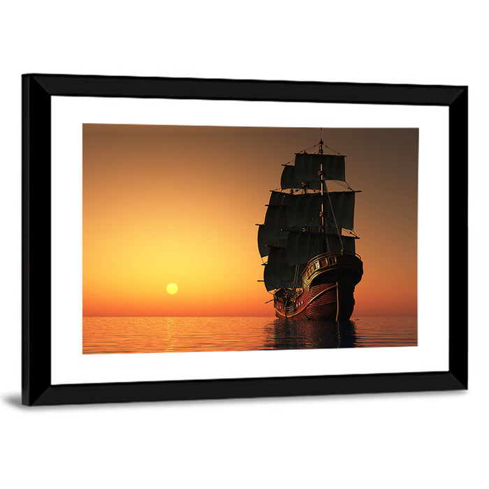Sailing Ship at Golden Sunset Wall Art as a framed print