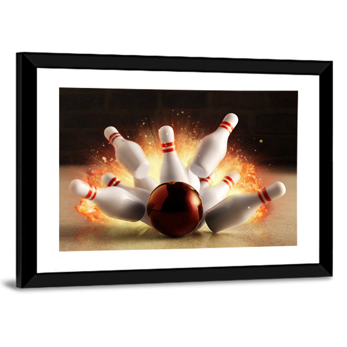 Fiery Bowling Strike Wall Art as a framed print