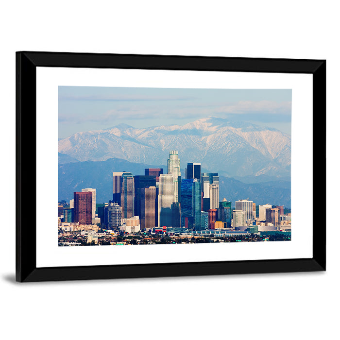 Los Angeles Skyline with Snowy Peaks Wall Art as a framed print