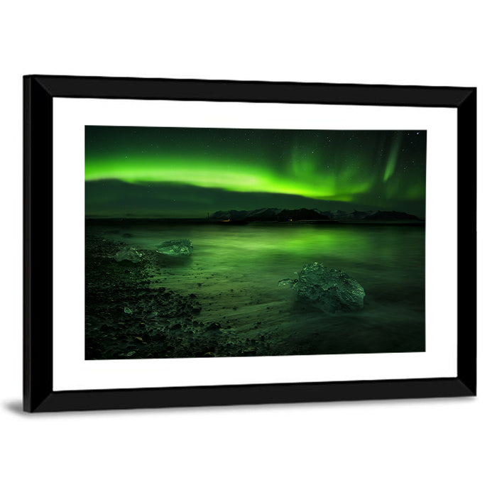 Aurora Polaris Over Icebound Shore Wall Art as a framed print