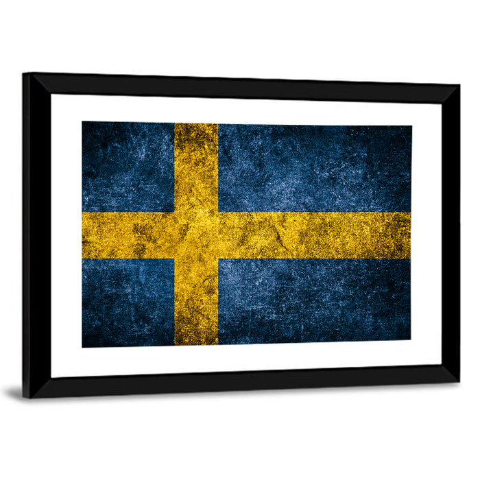 Distressed Sweden Flag Wall Art as a framed print