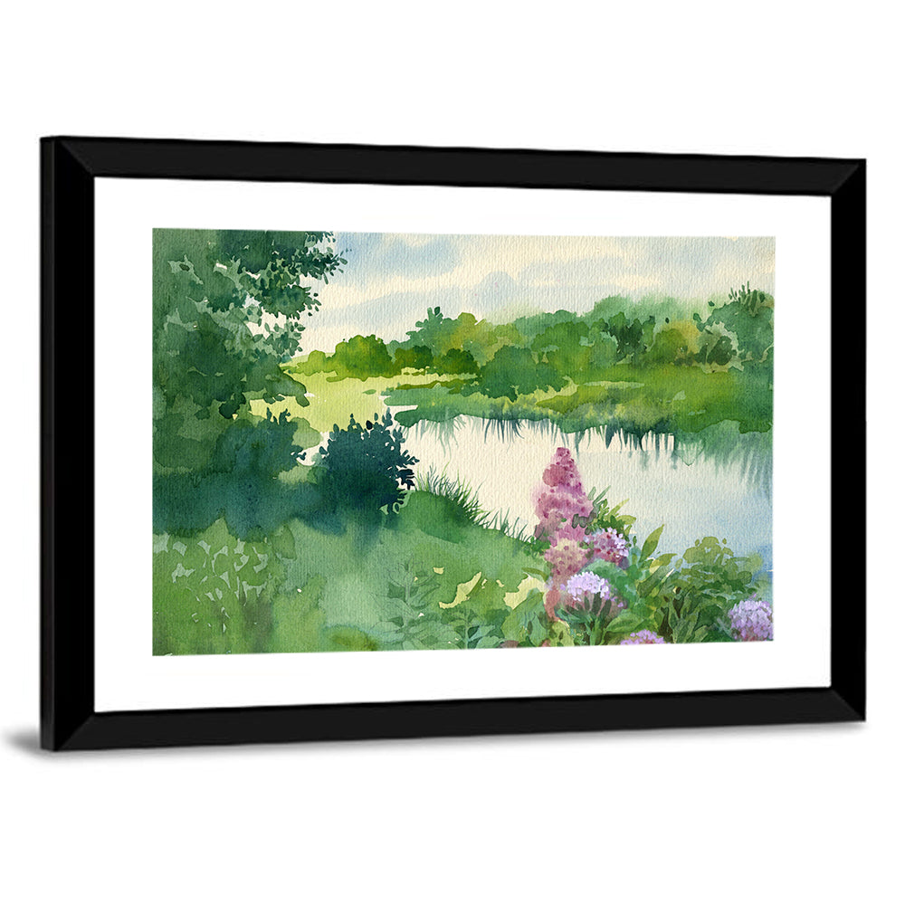 Lake Reflection with Purple Flowers Wall Art