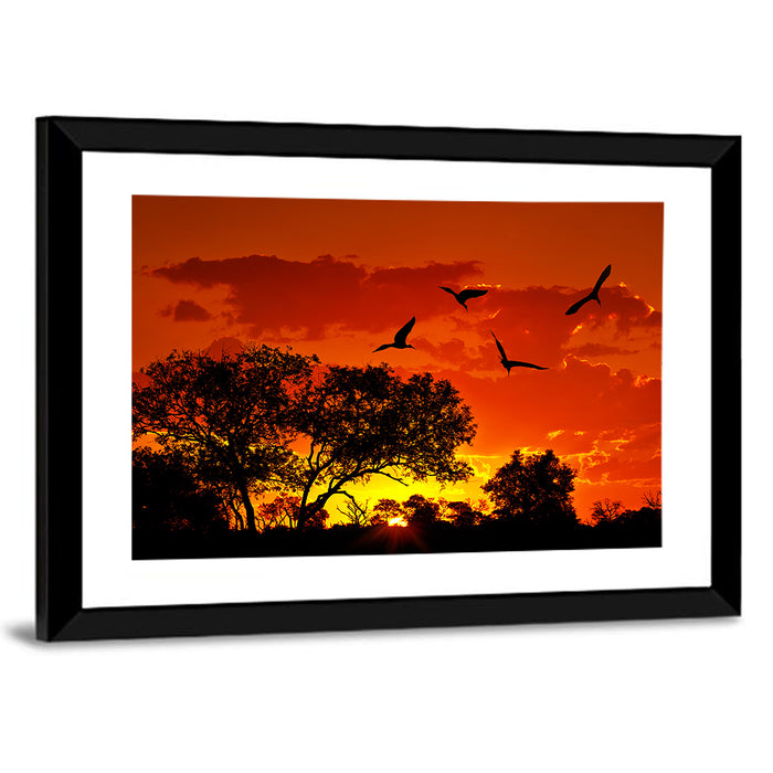 African Sunset Silhouette Wall Art as a framed print