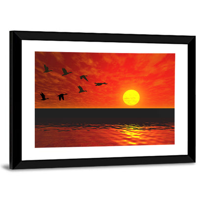 Ducks at Sunset Silhouette Wall Art
