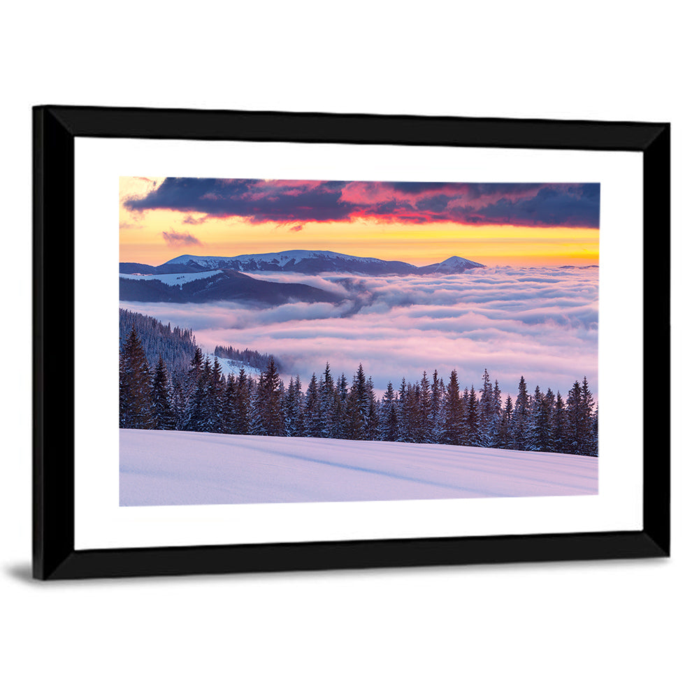 Morning Fog Over Winter Peaks Wall Art