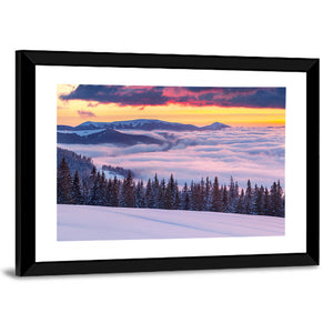 Morning fog in the winter mountains Wall Art