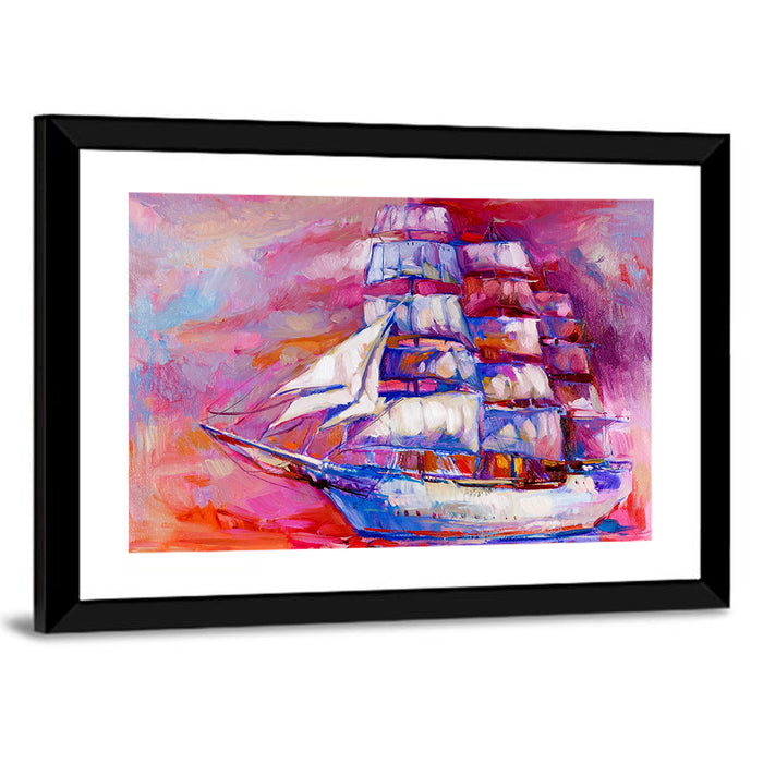 Colorful Tall Ship at Sea Wall Art as a framed print
