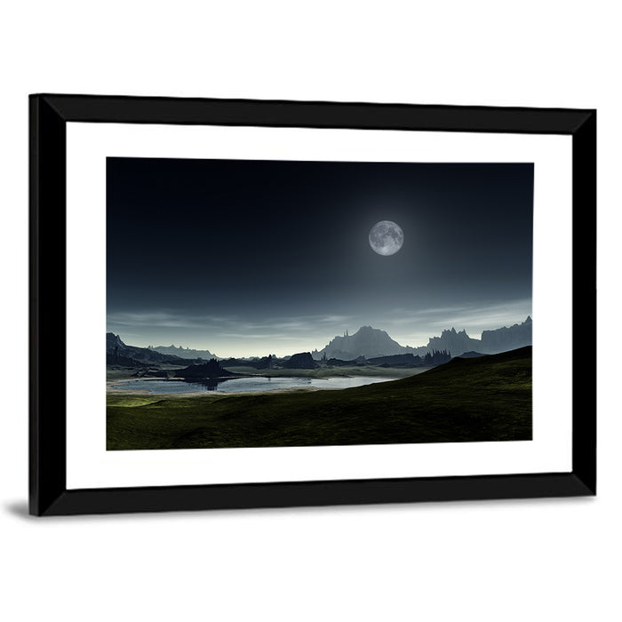 Crescent Moon Over Mountain Lake Wall Art as a framed print