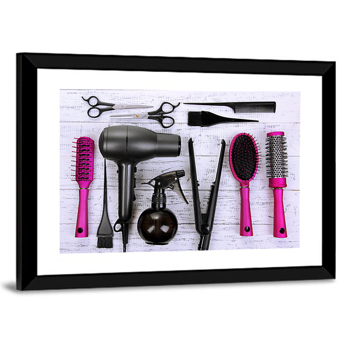 Hair Styling Tools Flat Lay Wall Art as a framed print