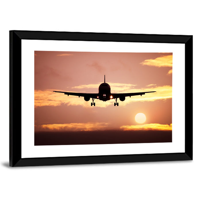 Airplane with Landing Gear at Sunset Wall Art as a framed print