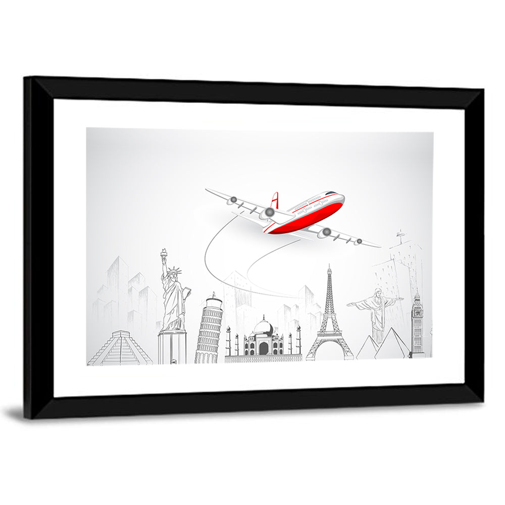Airplane Over World Landmarks Wall Art