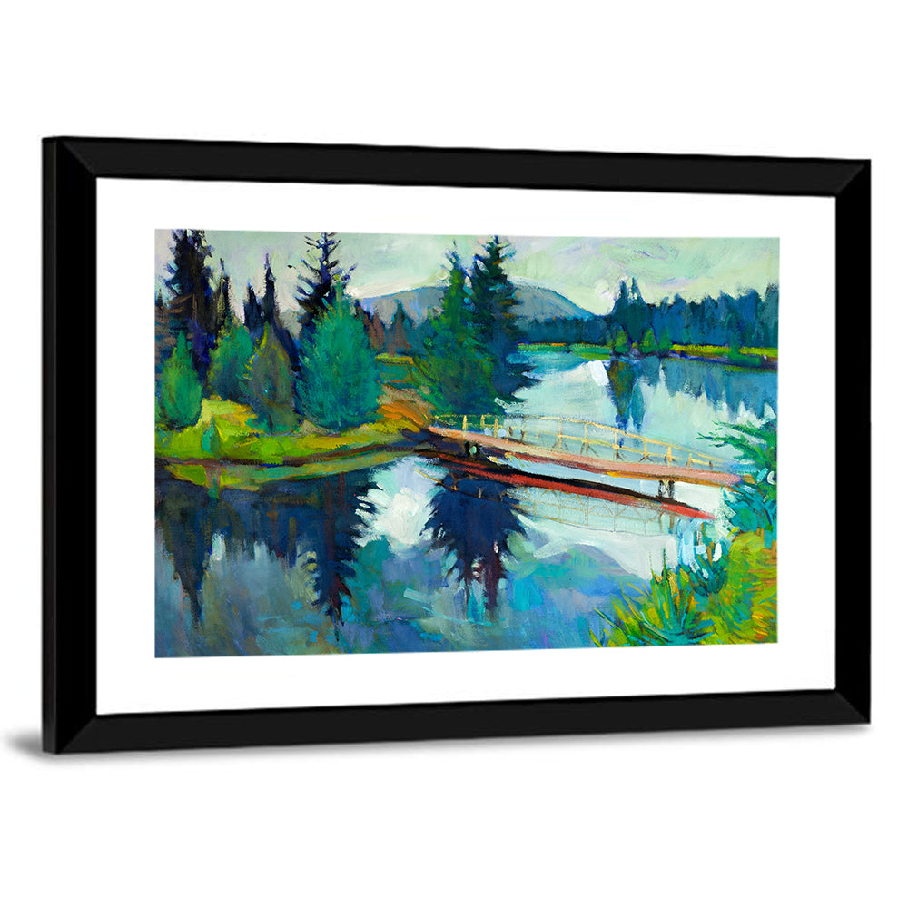 Forest Bridge Reflection Illustration Wall Art