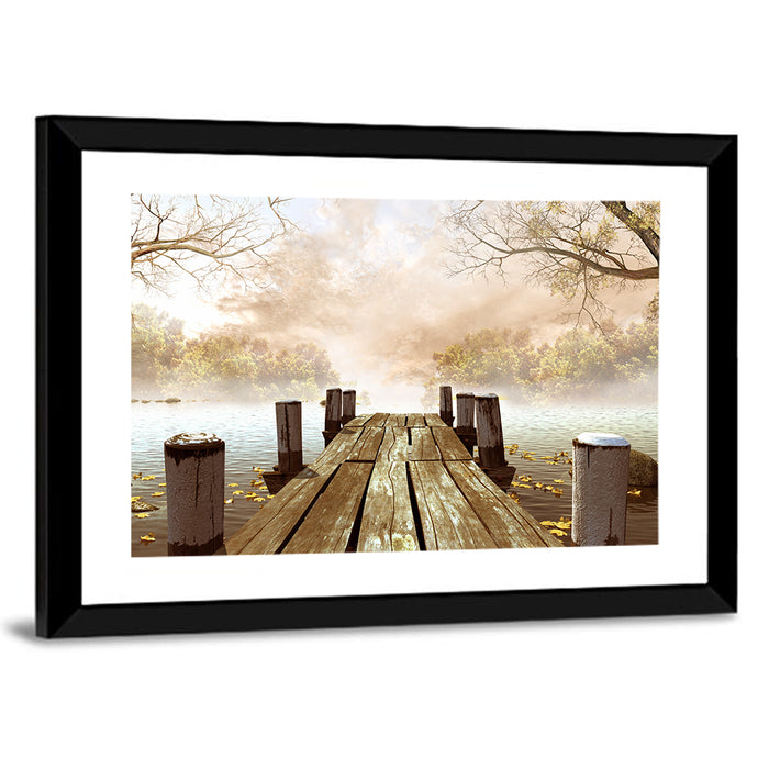 Foggy Lake Dock Wall Art as a framed print