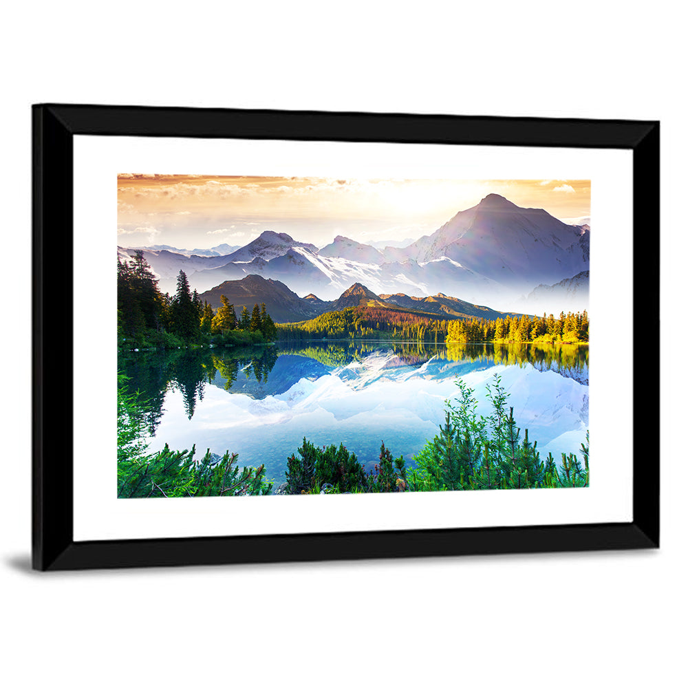 Sunlit Mountain Lake Reflection Wall Art