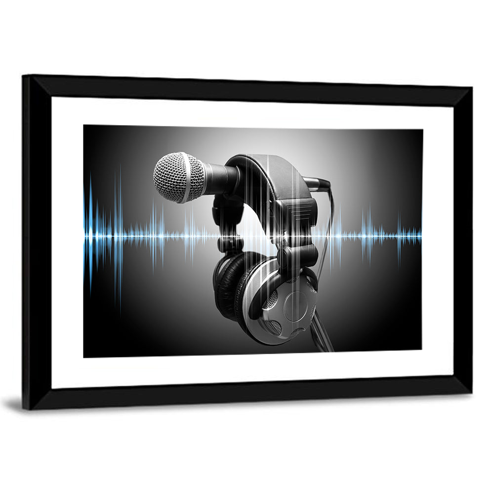 Headphones on Microphone with Sound Waves Wall Art