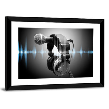 Headphones on Microphone with Sound Waves Wall Art