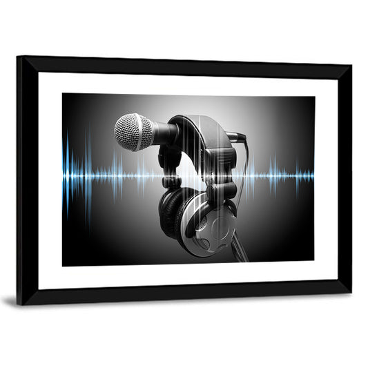 Headphones on Microphone with Sound Waves Wall Art