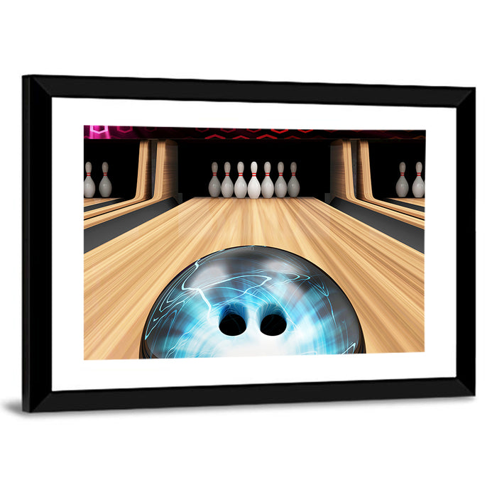 Glowing Blue Bowling Ball on Wooden Lane Wall Art as a framed print