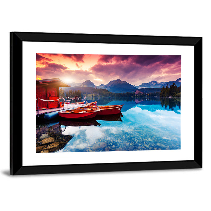High Tatras Sunset Lake with Red Boats Wall Art as a framed print