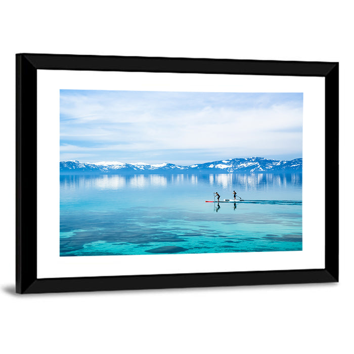 Two Paddleboarders on Mountain Lake Wall Art as a framed print