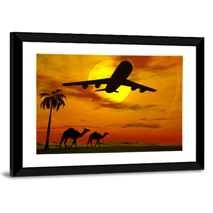 Tropical Sunset Plane Silhouette Wall Art as a framed print