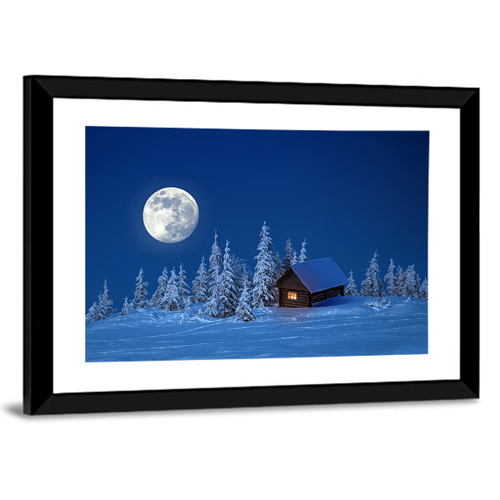 Moonlit Winter Cabin in Forest Wall Art